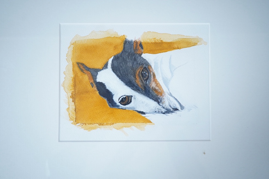 A collection of six oils and mixed medias to include: Phil Tyler, Head studies, watercolour Portrait of a terrier and Still life of vessels, largest 42 x 18cm. Condition - good